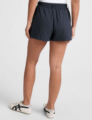 blue 4" inseam shorts with an elastic waistband with belt loops​ and side seam pockets. 