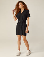 black zip-up mini cargo style dress.