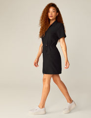 black zip-up mini cargo style dress.