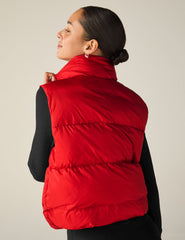 red button-up puffer vest with pockets.