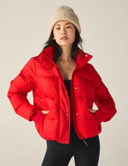 red hooded button & zip-up puffer jacket with pockets.
