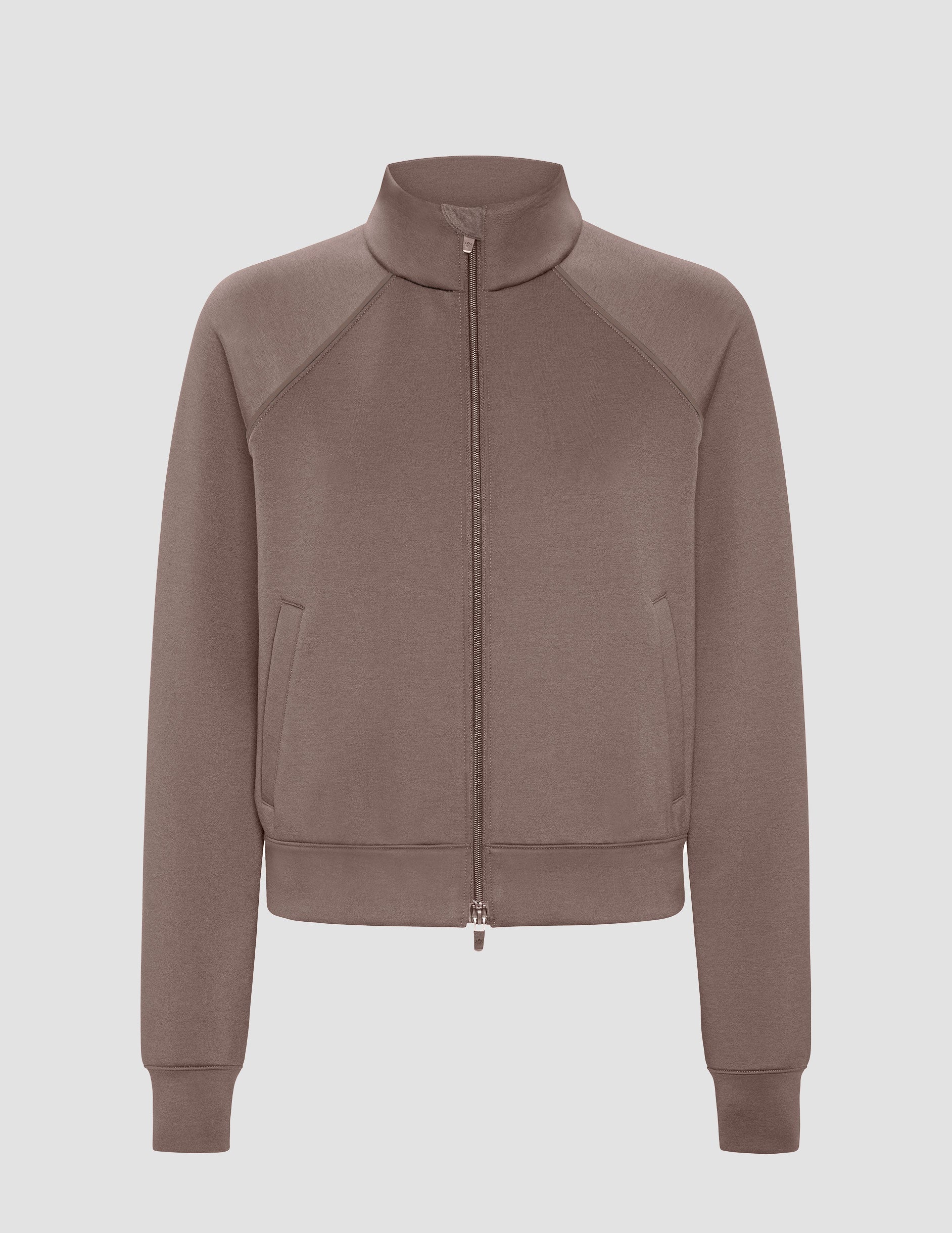 brown zip-up jacket on a plain background.