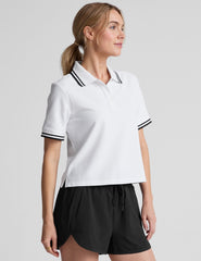 white fitted polo style short sleeve t-shirt with a stripe rib collar and cuff, front placket with buttons, and side slits. 