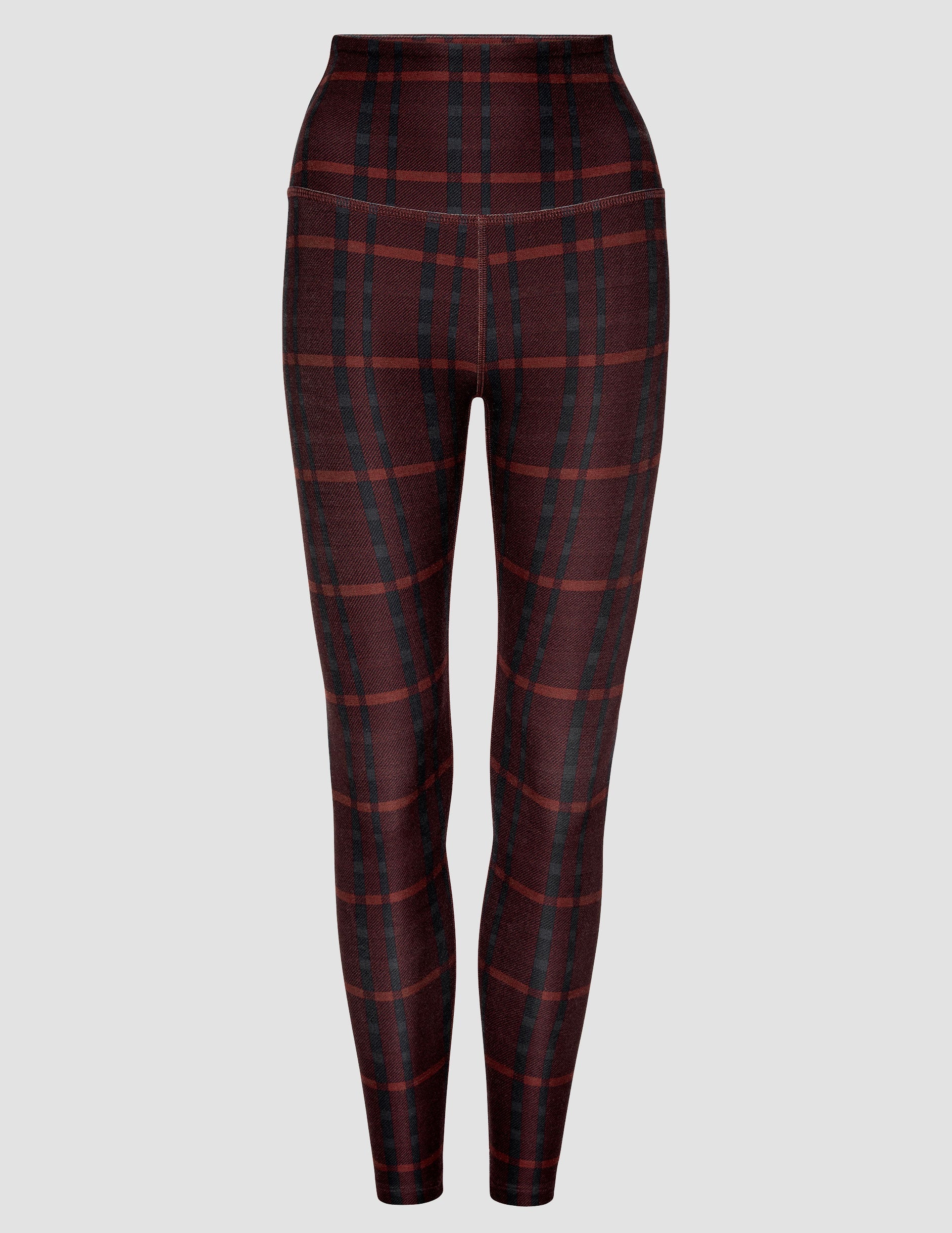 red plaid printed high-waisted midi length leggings.