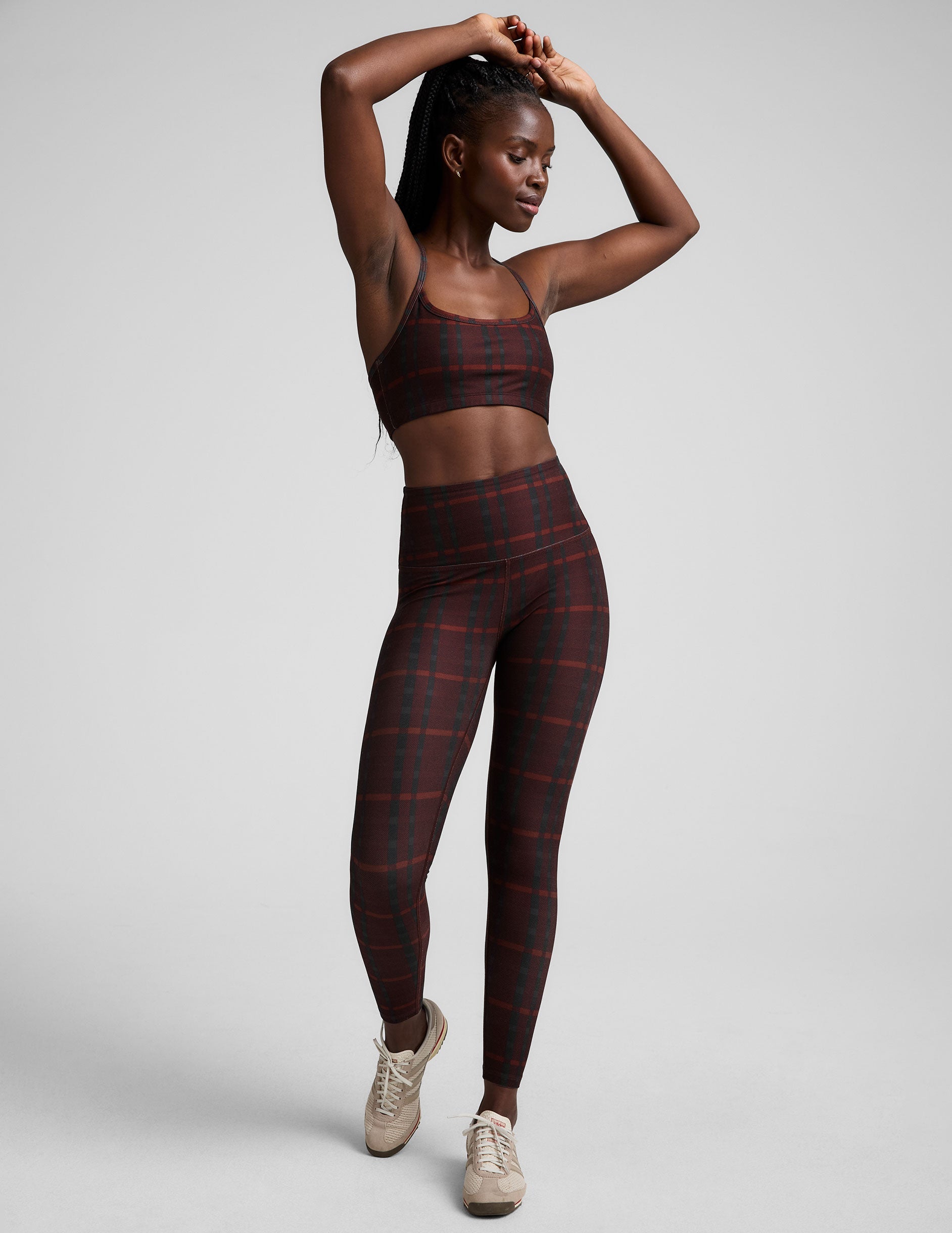 red plaid printed high-waisted midi length leggings.