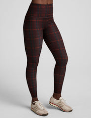 red plaid printed high-waisted midi length leggings.