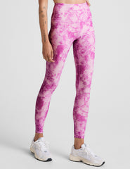 pink and white ice dye print high-waisted midi length leggings.