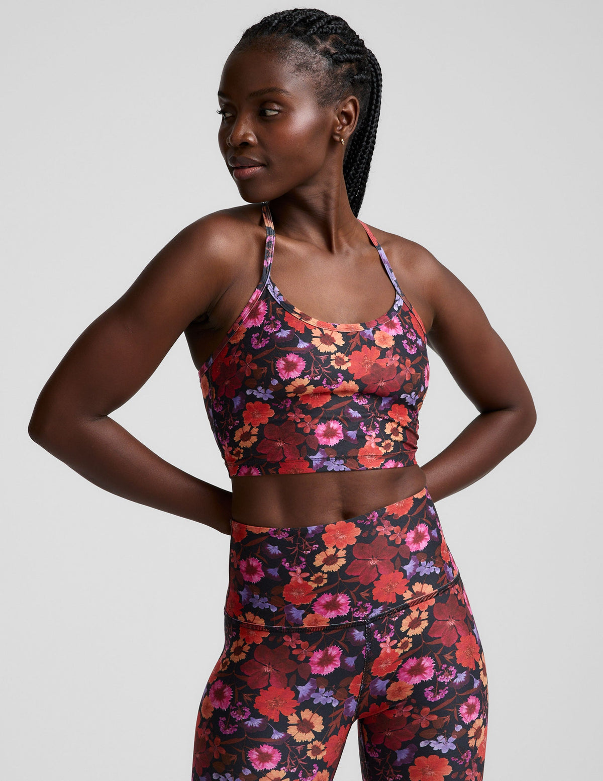 floral printed racerback cropped tank top with slim straps.