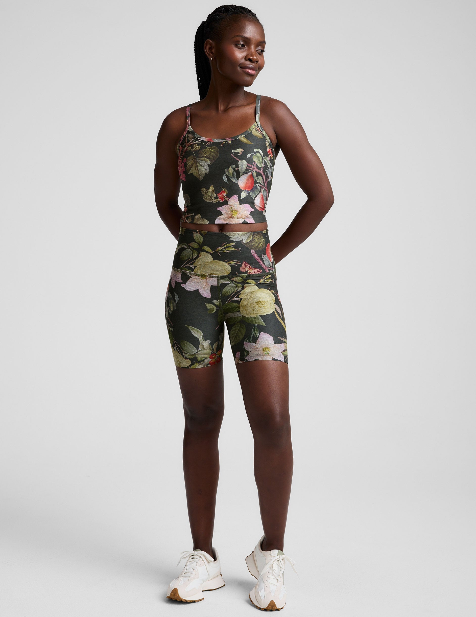green garden printed high-waisted biker shorts.