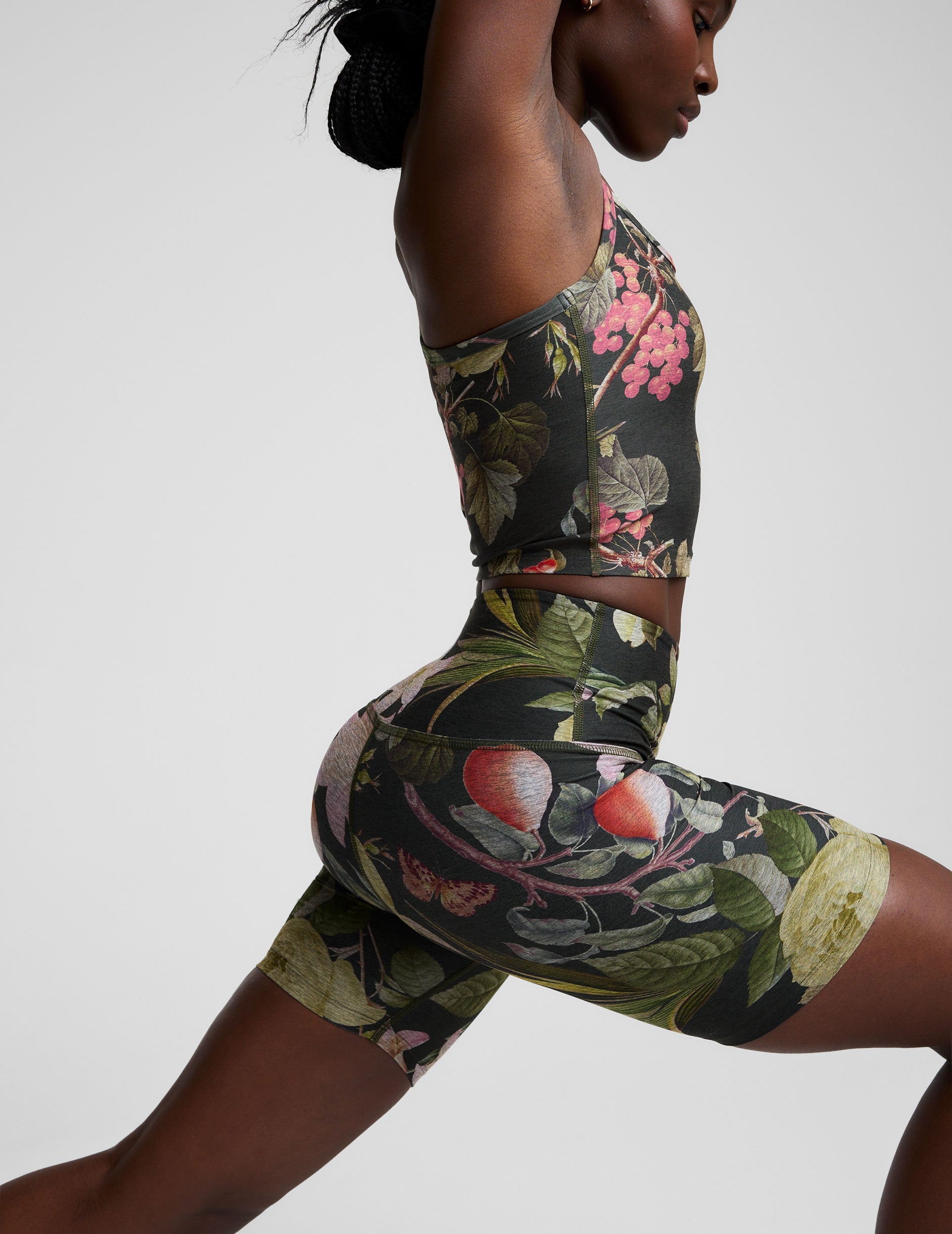 green garden printed high-waisted biker shorts.