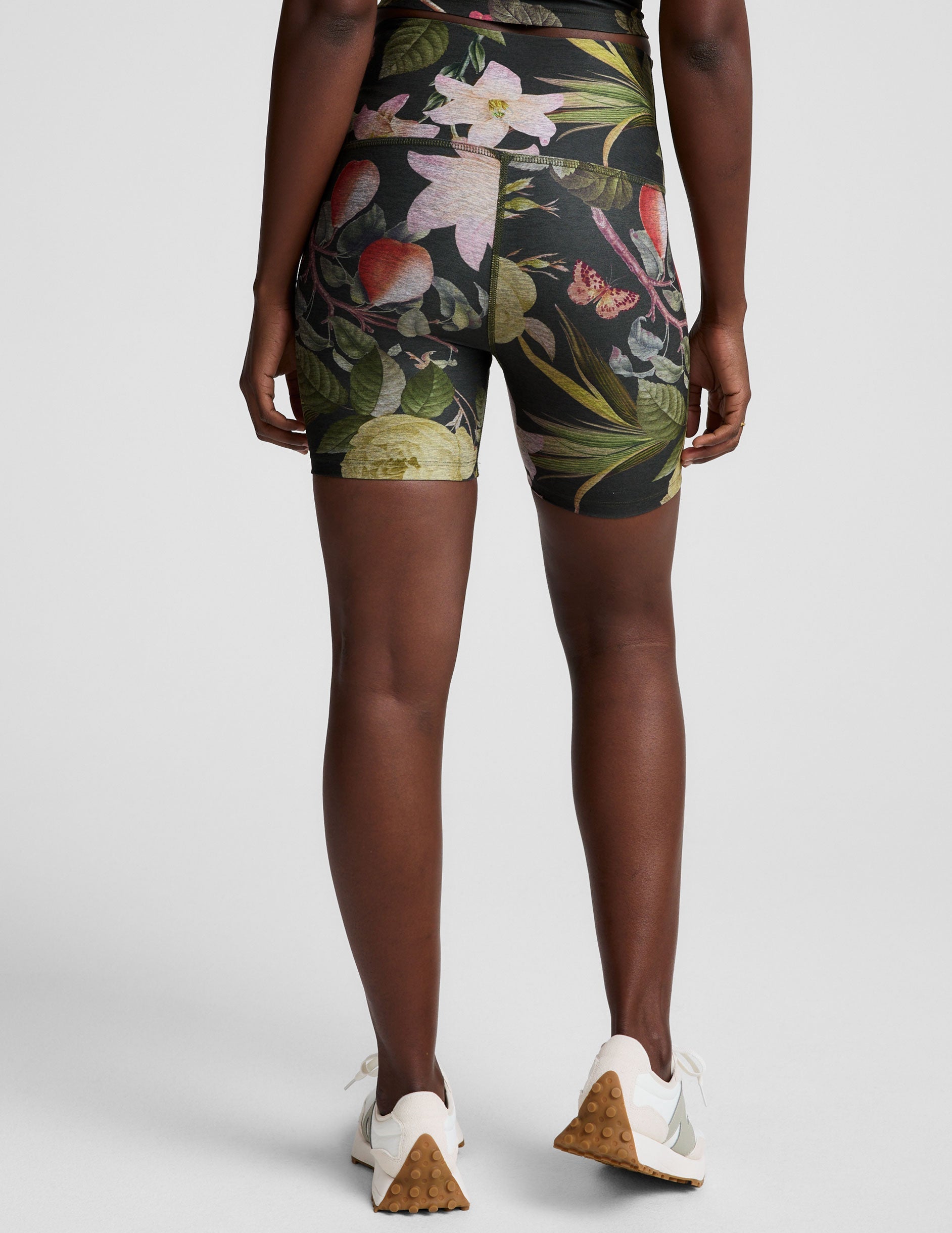 green garden printed high-waisted biker shorts.