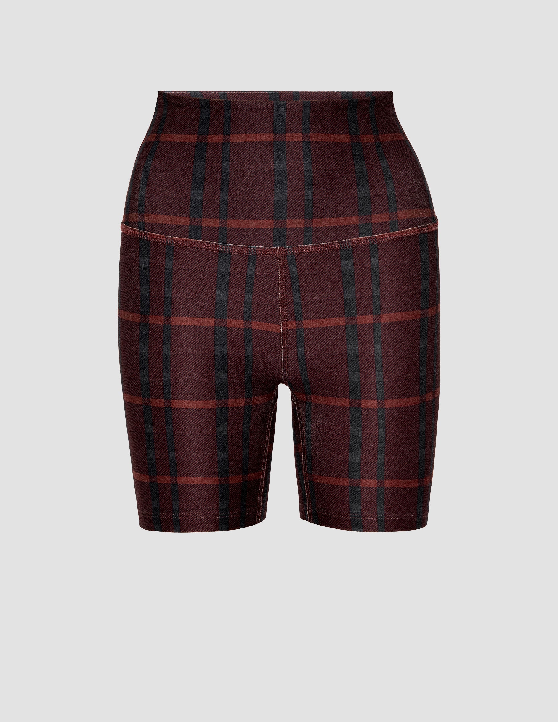 red plaid printed high-waisted 5" biker shorts. 
