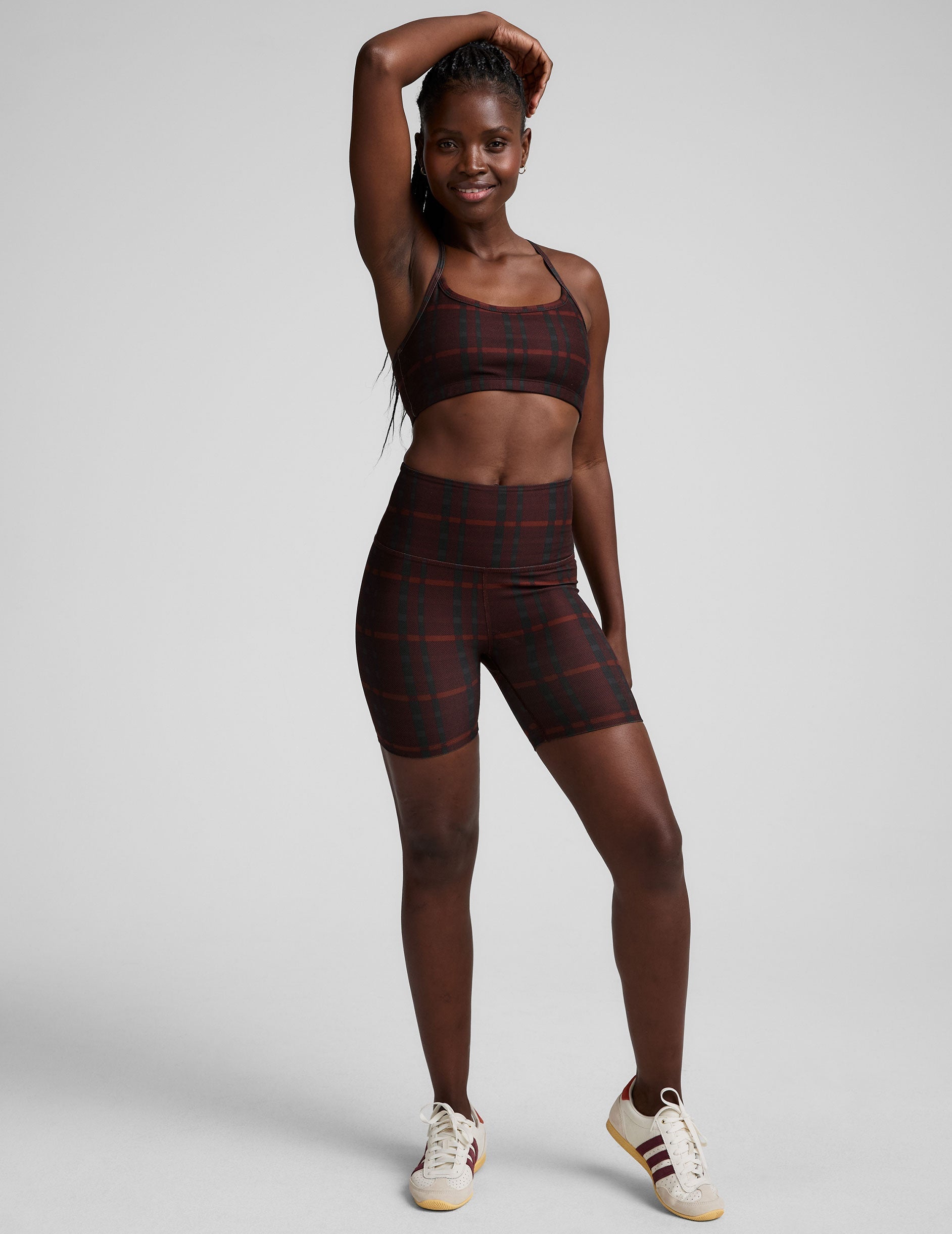 red plaid printed high-waisted 5" biker shorts. 