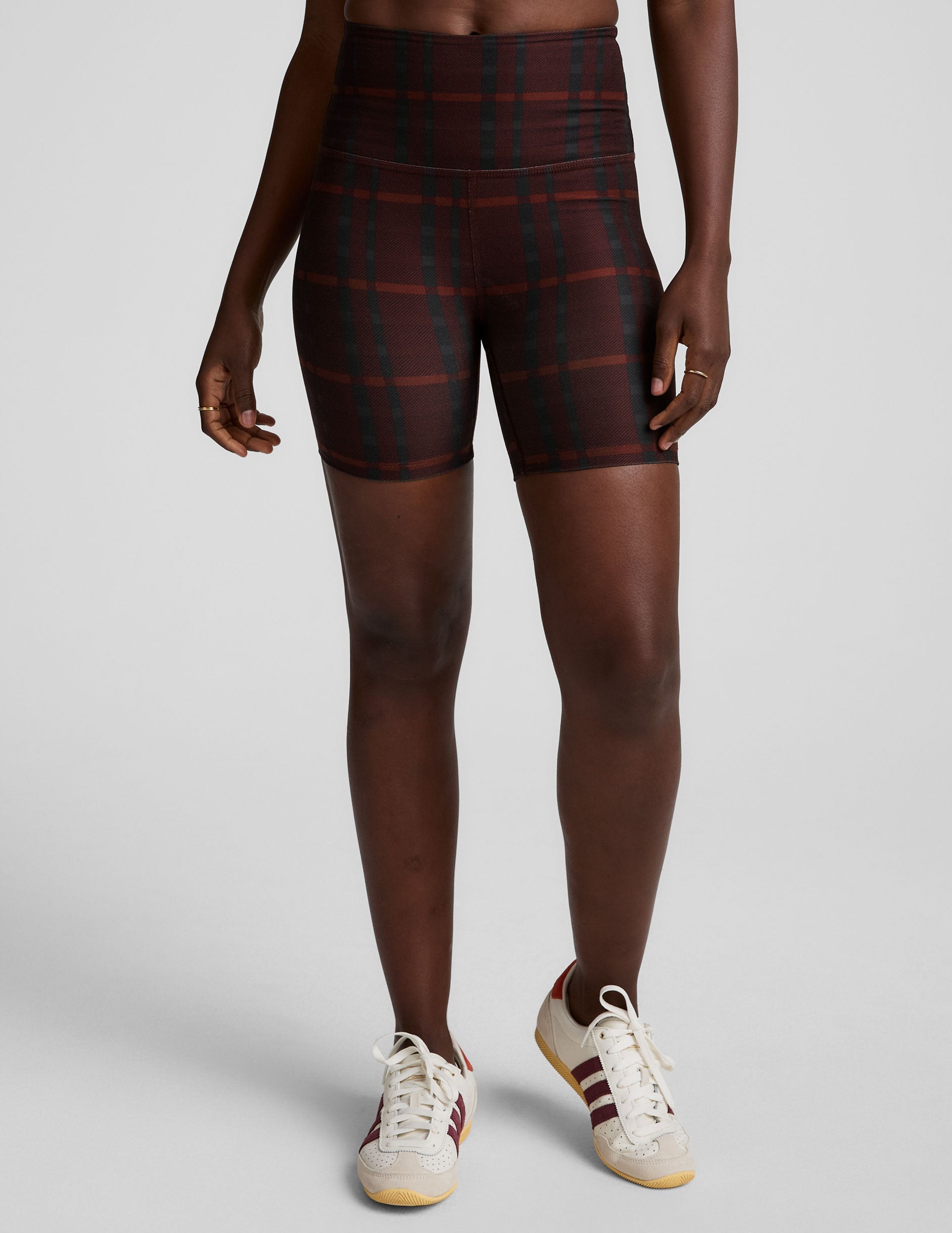 red plaid printed high-waisted 5" biker shorts. 