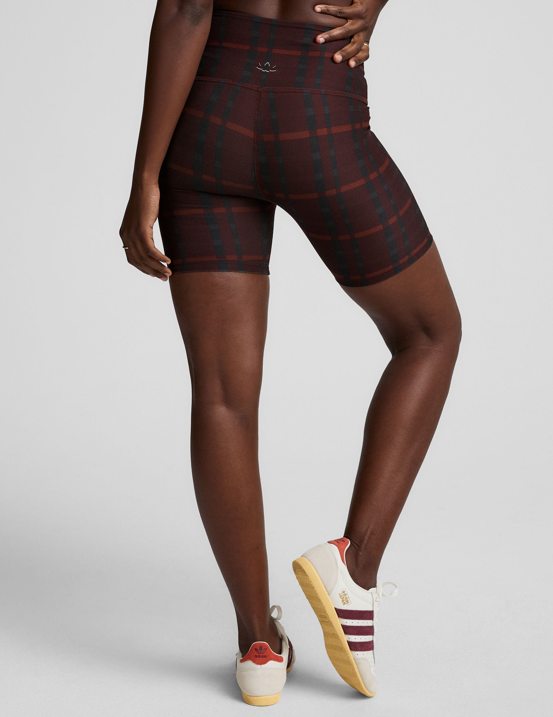 red plaid printed high-waisted 5" biker shorts. 