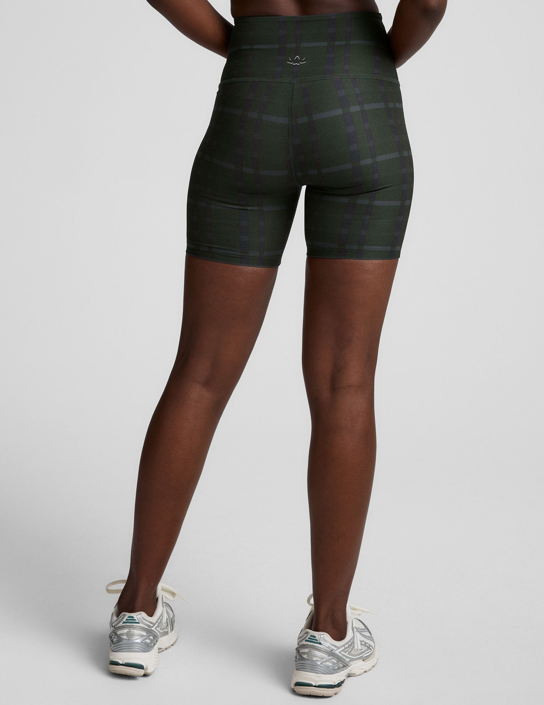 green plaid printed high-waisted 5" inseam biker short. 
