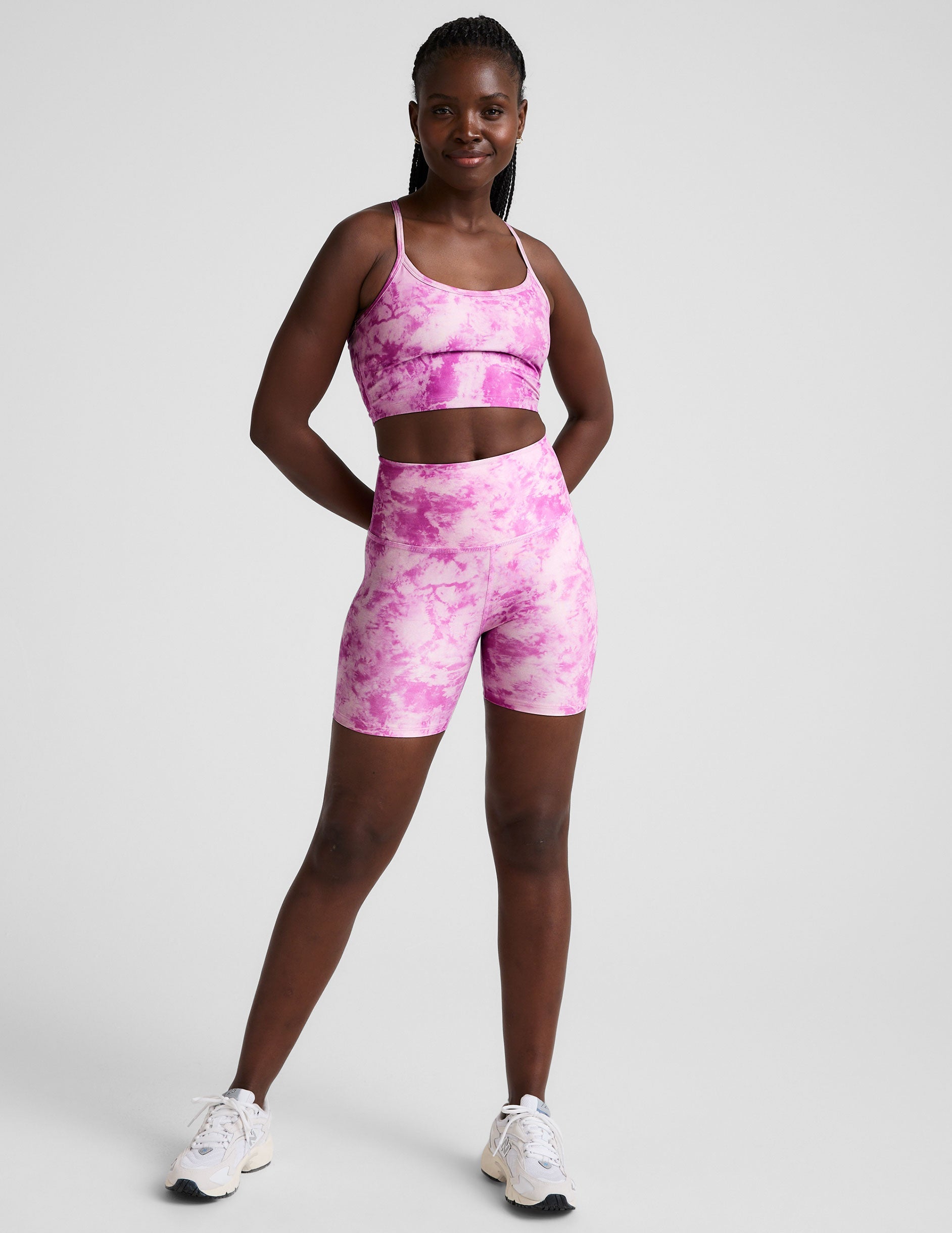 pink and white ice dye print high-waisted biker shorts.