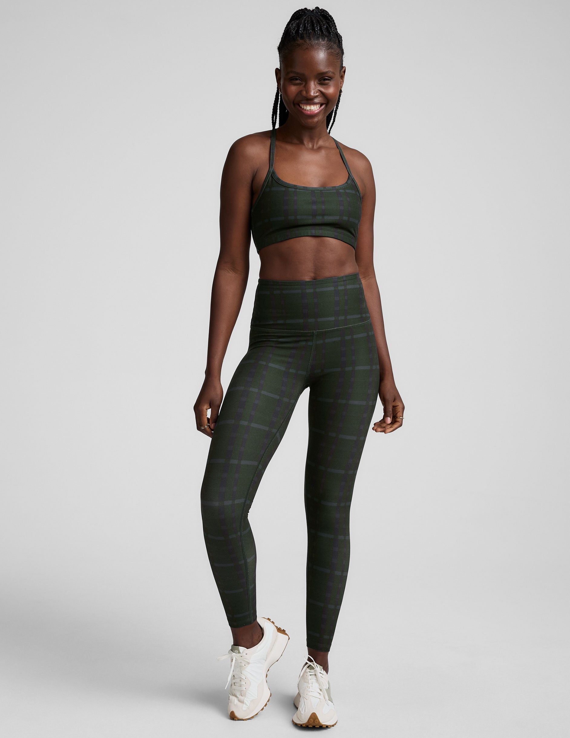 green plaid printed racerback style bra with thin straps.