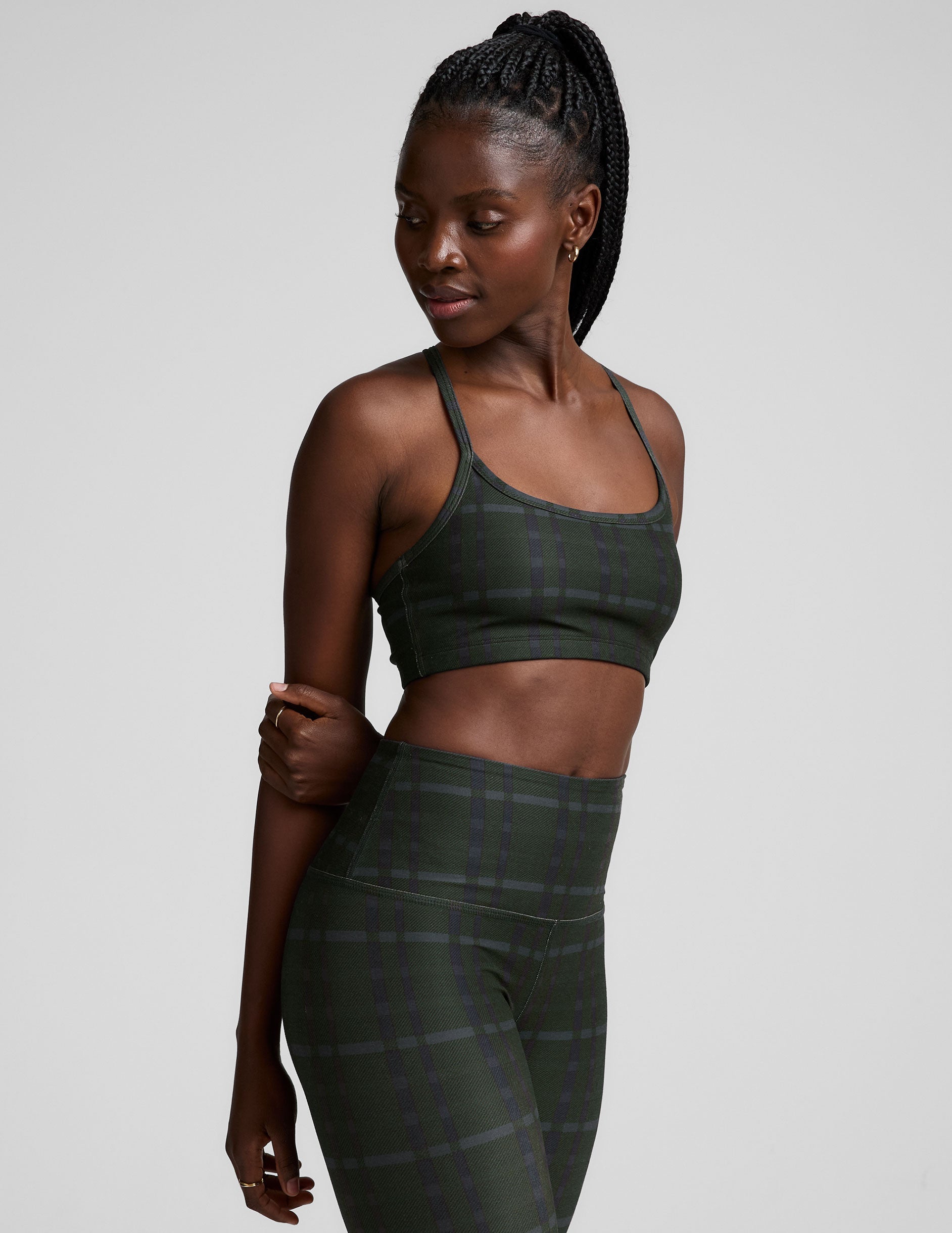 green plaid printed racerback style bra with thin straps.