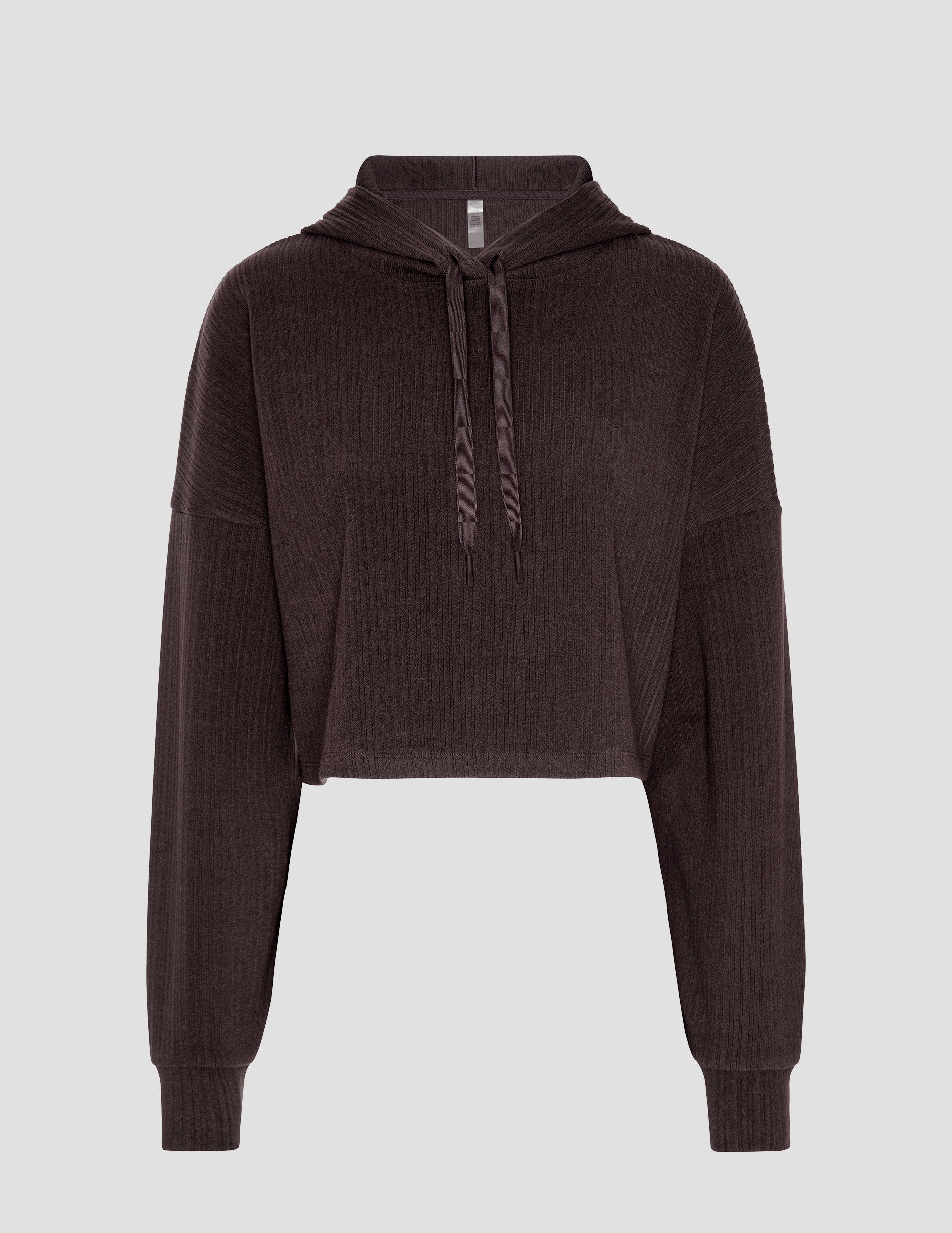 brown ribbed cropped hoodie against a plain background.