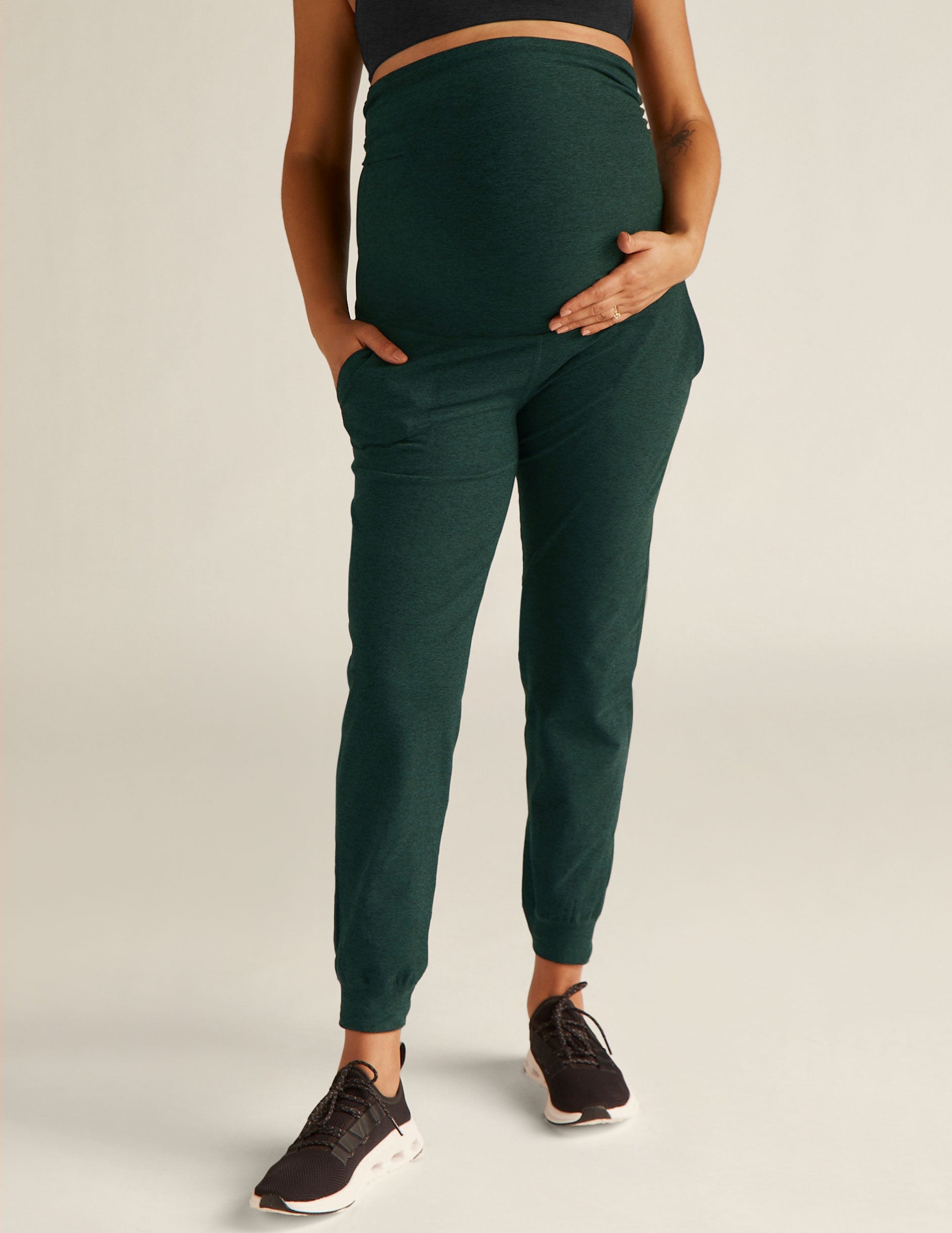 green maternity midi joggers with pockets.
