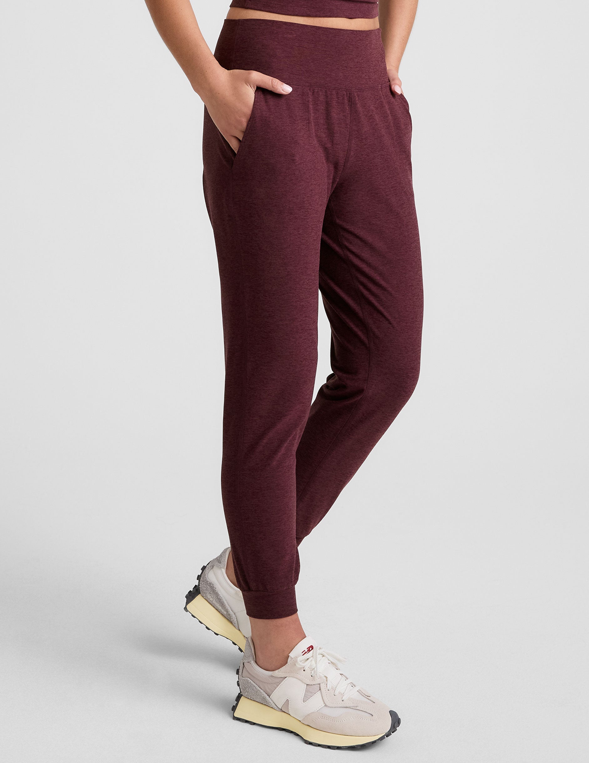 red midi length joggers with pockets.