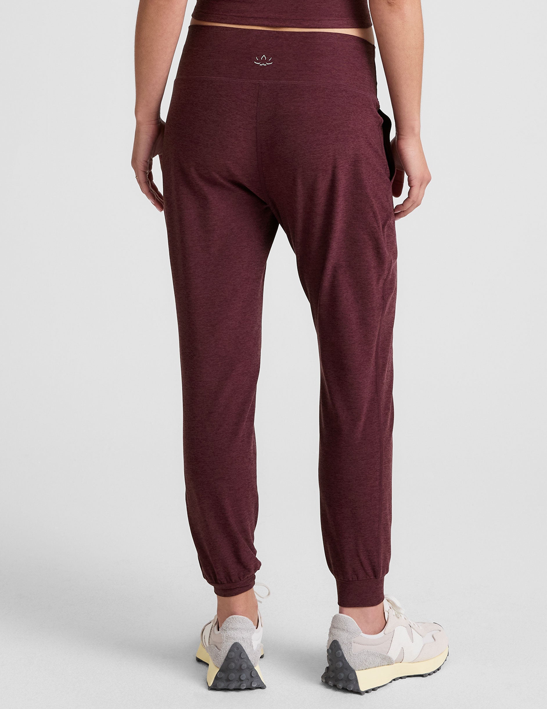 red midi length joggers with pockets.