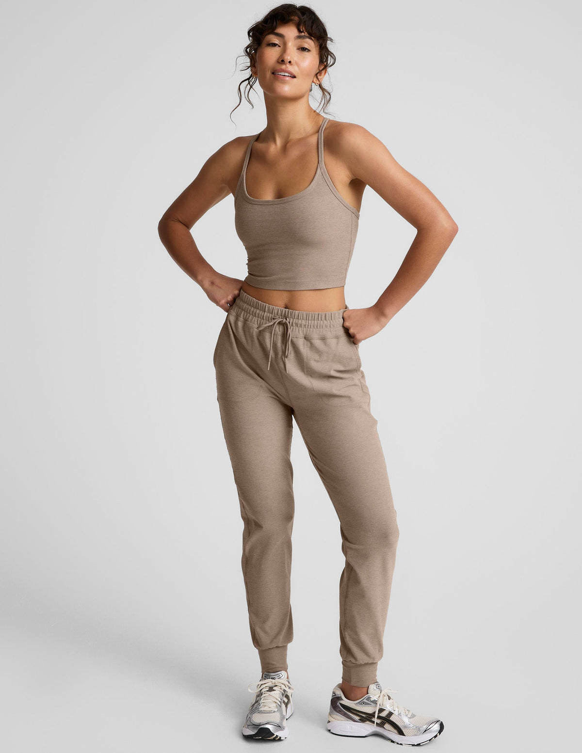 brown midi jogger with drawstring at waist