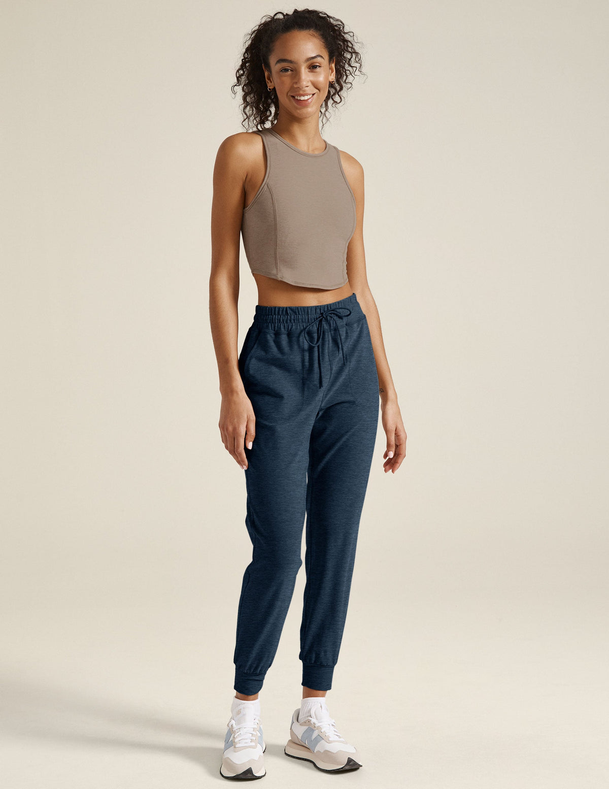blue midi jogger with drawstring at waist