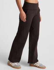 brown mid-rise wide leg pants with pockets.