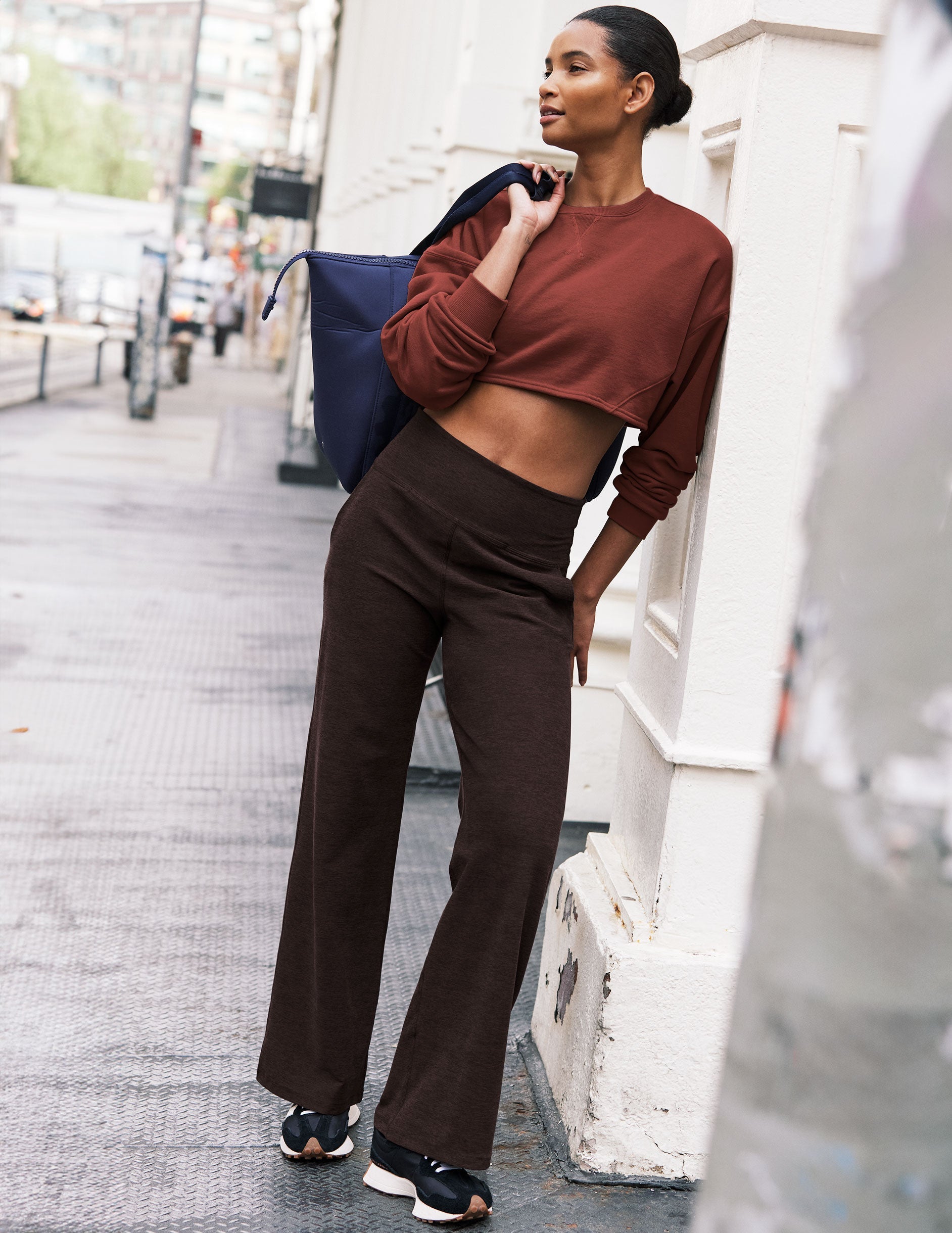 brown mid-rise wide leg pants with pockets.