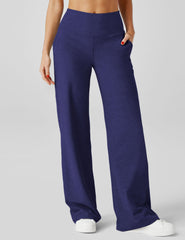 blue high-waisted pants with pockets.