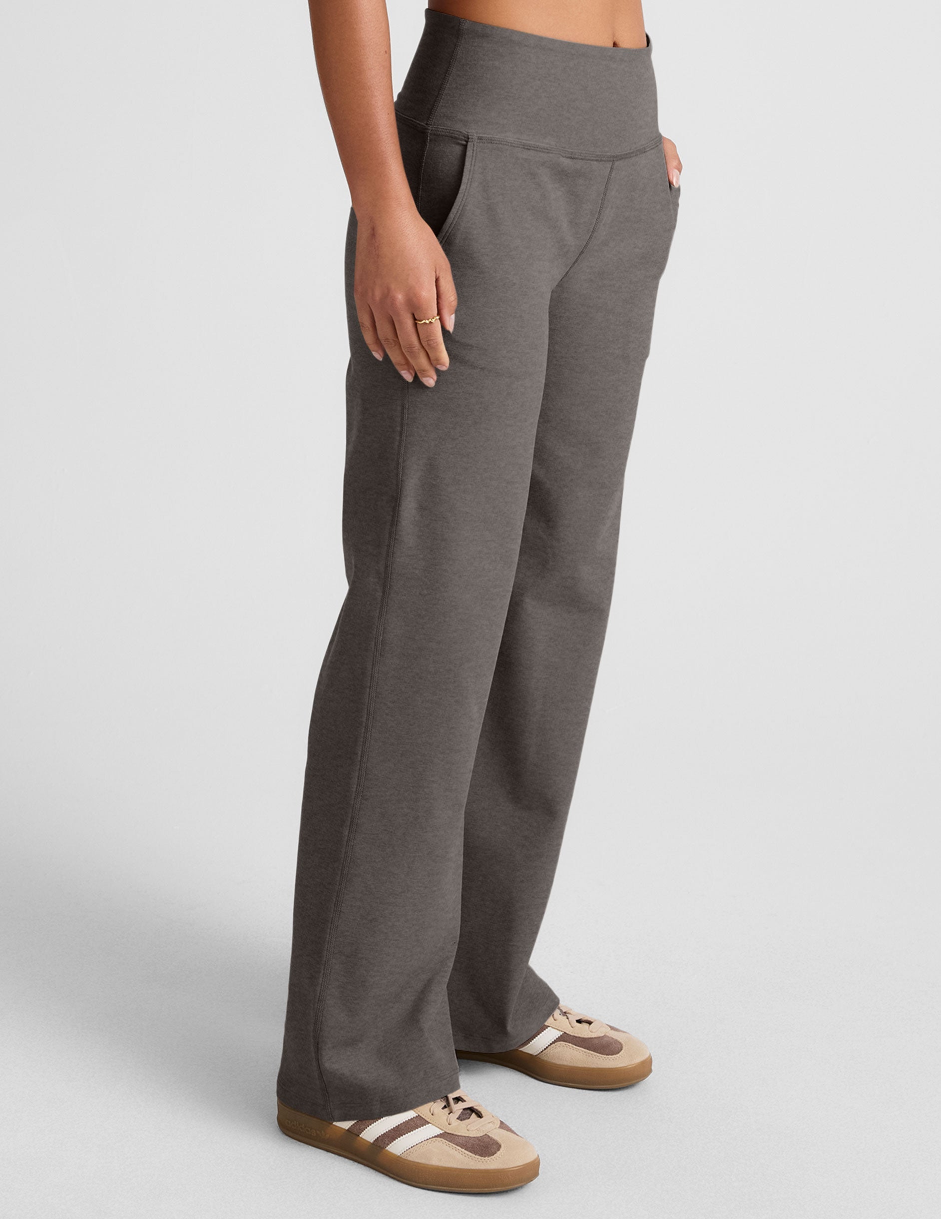 grey high-waisted wide leg pants with pockets.
