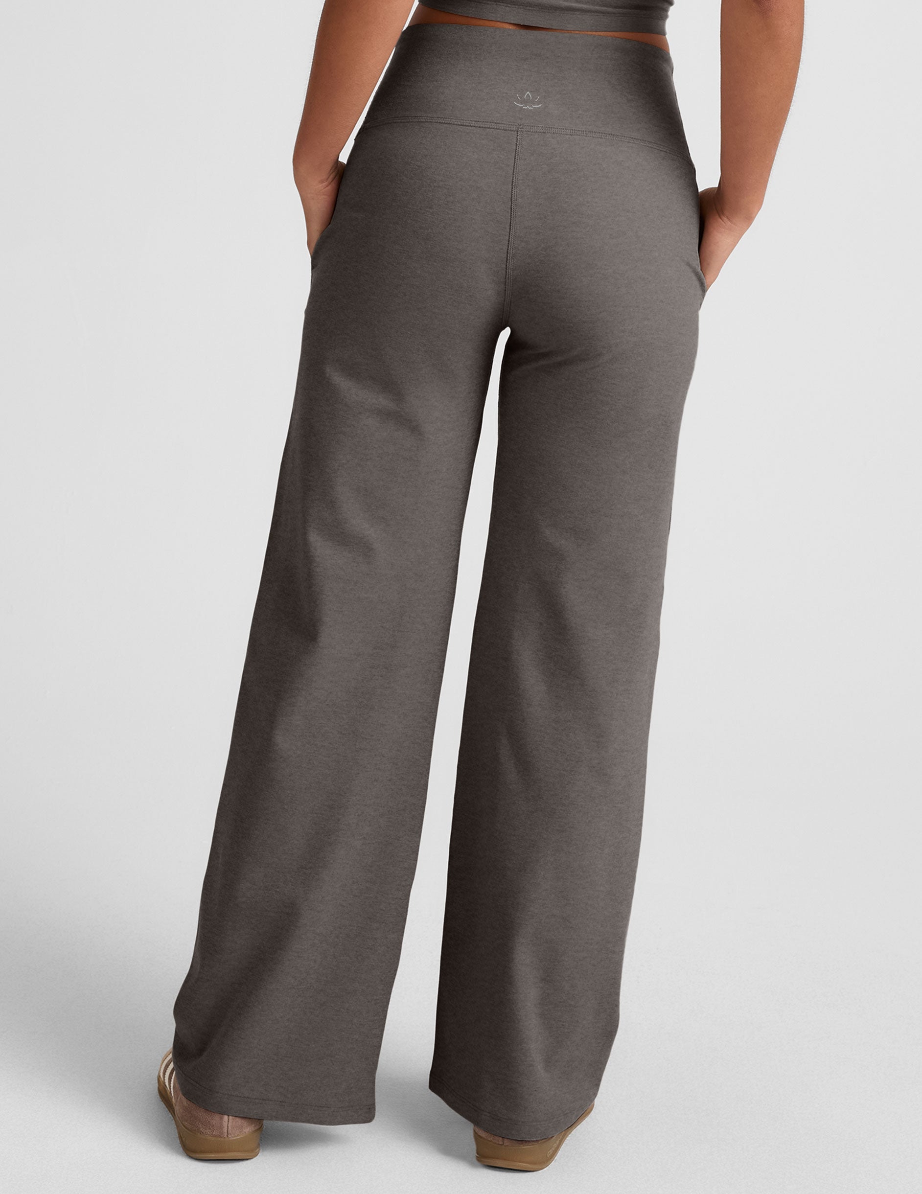 grey high-waisted wide leg pants with pockets.