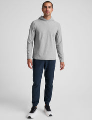 blue men's joggers with side zippered hand pockets.