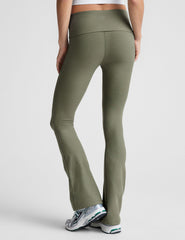 green bootcut pants with a foldover waistband.