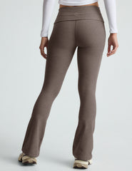 brown bootcut pants with a foldover waistband.