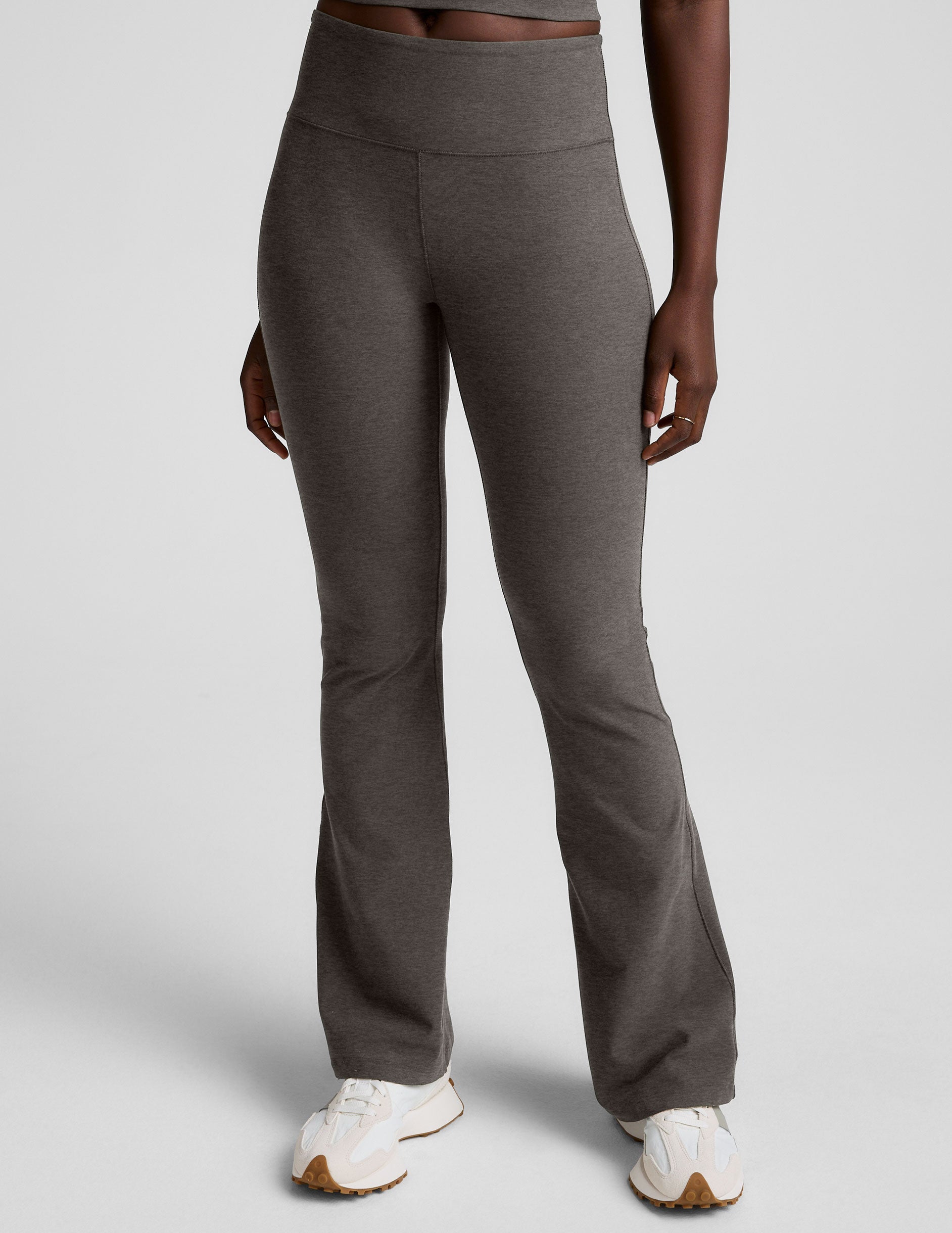 gray mid-rise bootcut pants.