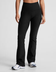 black high-waisted bootcut pants with side pockets.