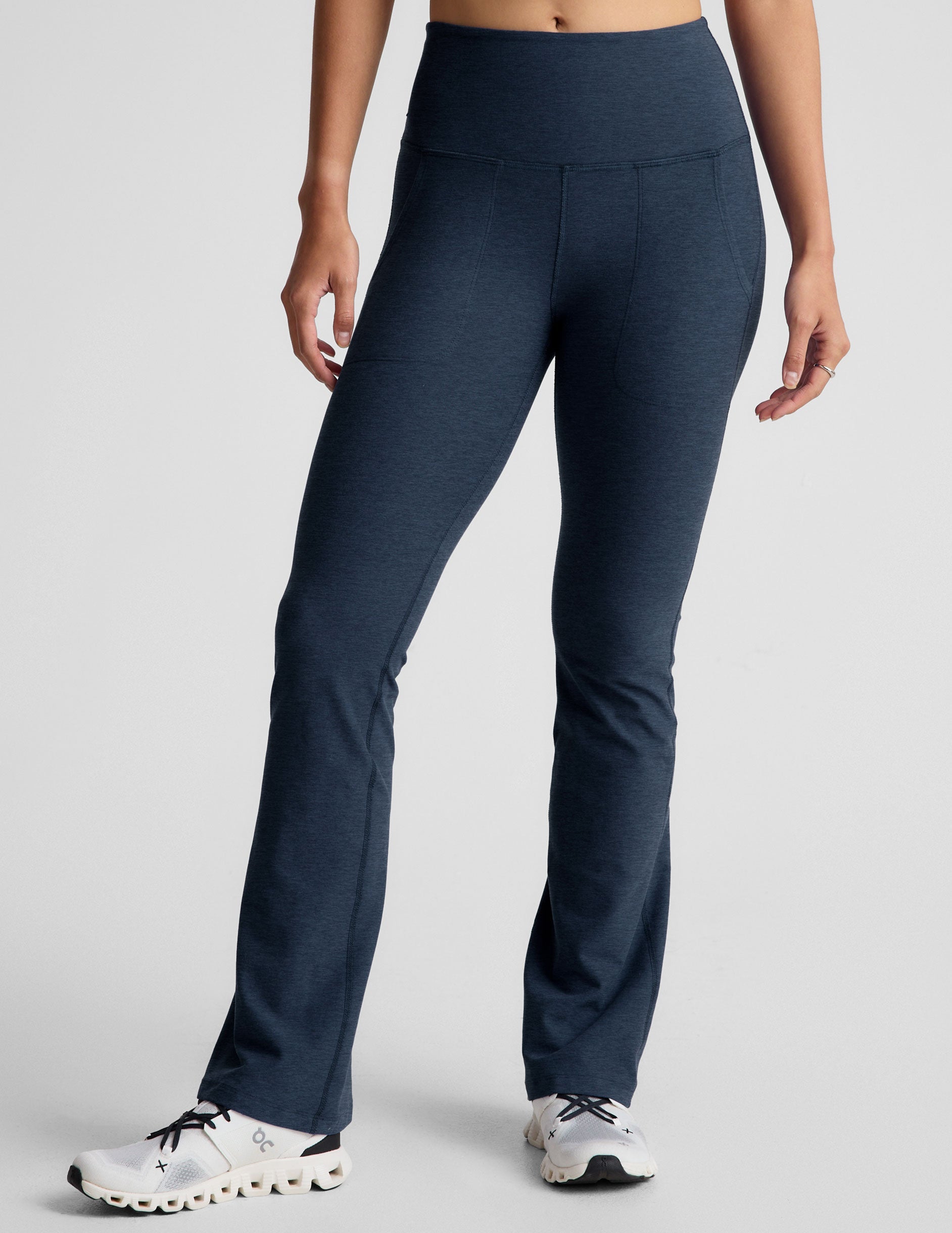 blue flare pant with slit pockets at sides
