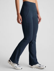 blue flare pant with slit pockets at sides