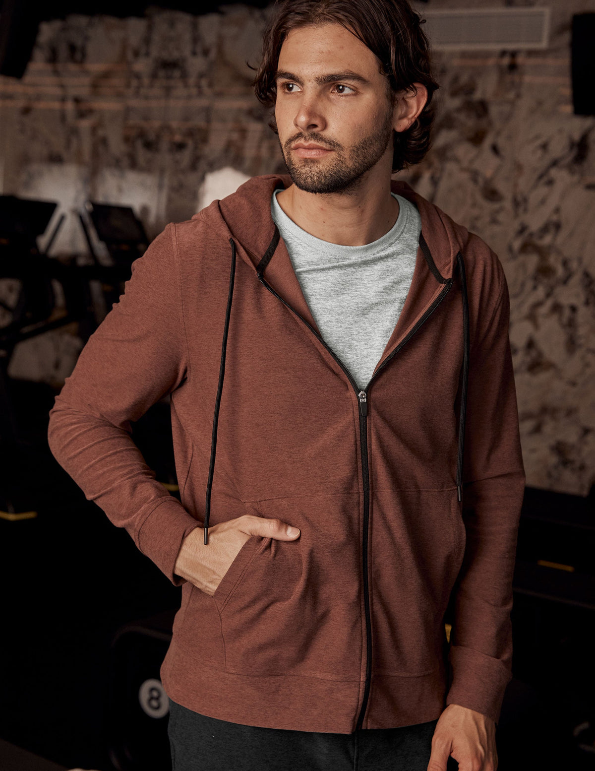 brown men's zip-up hoodie.