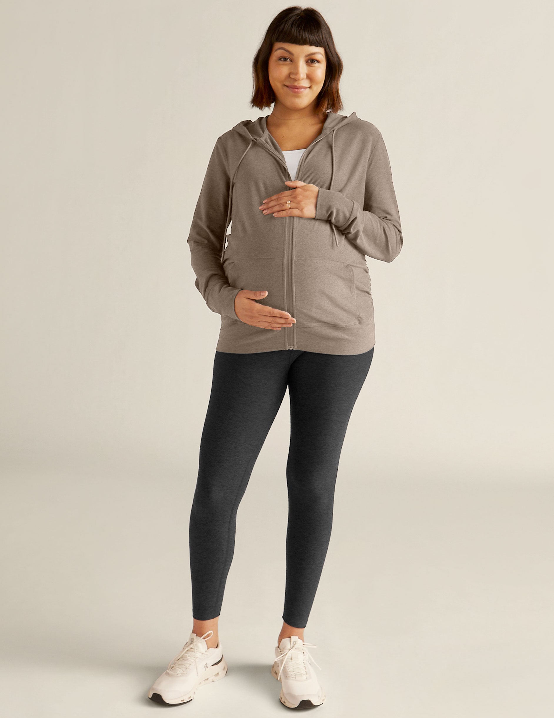 brown maternity zip up hoodie.