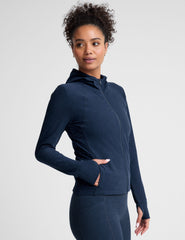 blue zip-up hooded jacket with thumbholes.