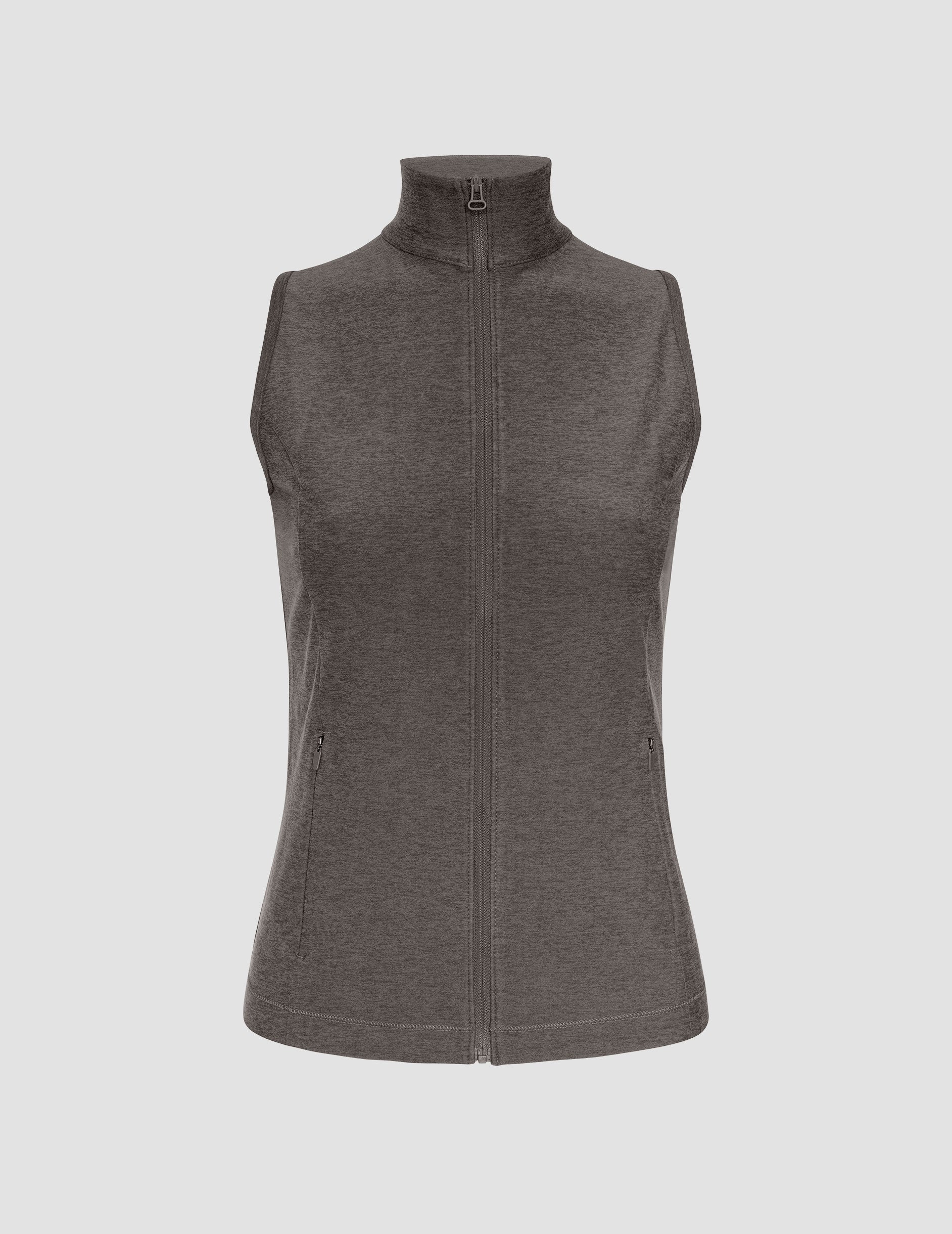 grey zip-up vest with mesh detail on upper back and pockets.