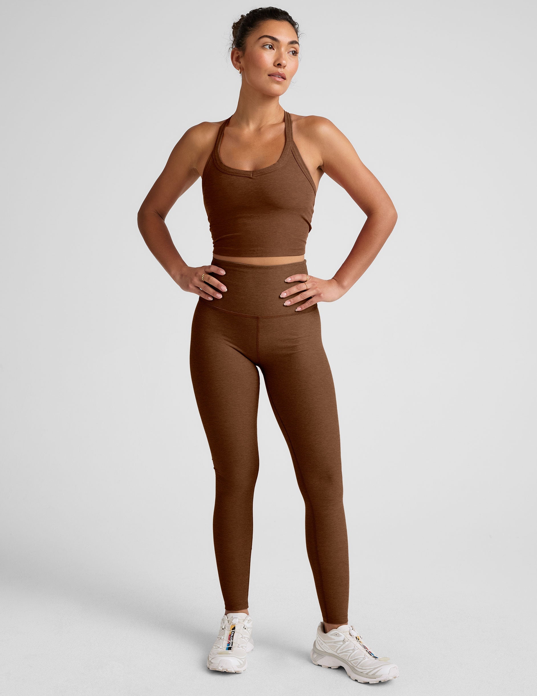 brown high-waisted long length leggings.