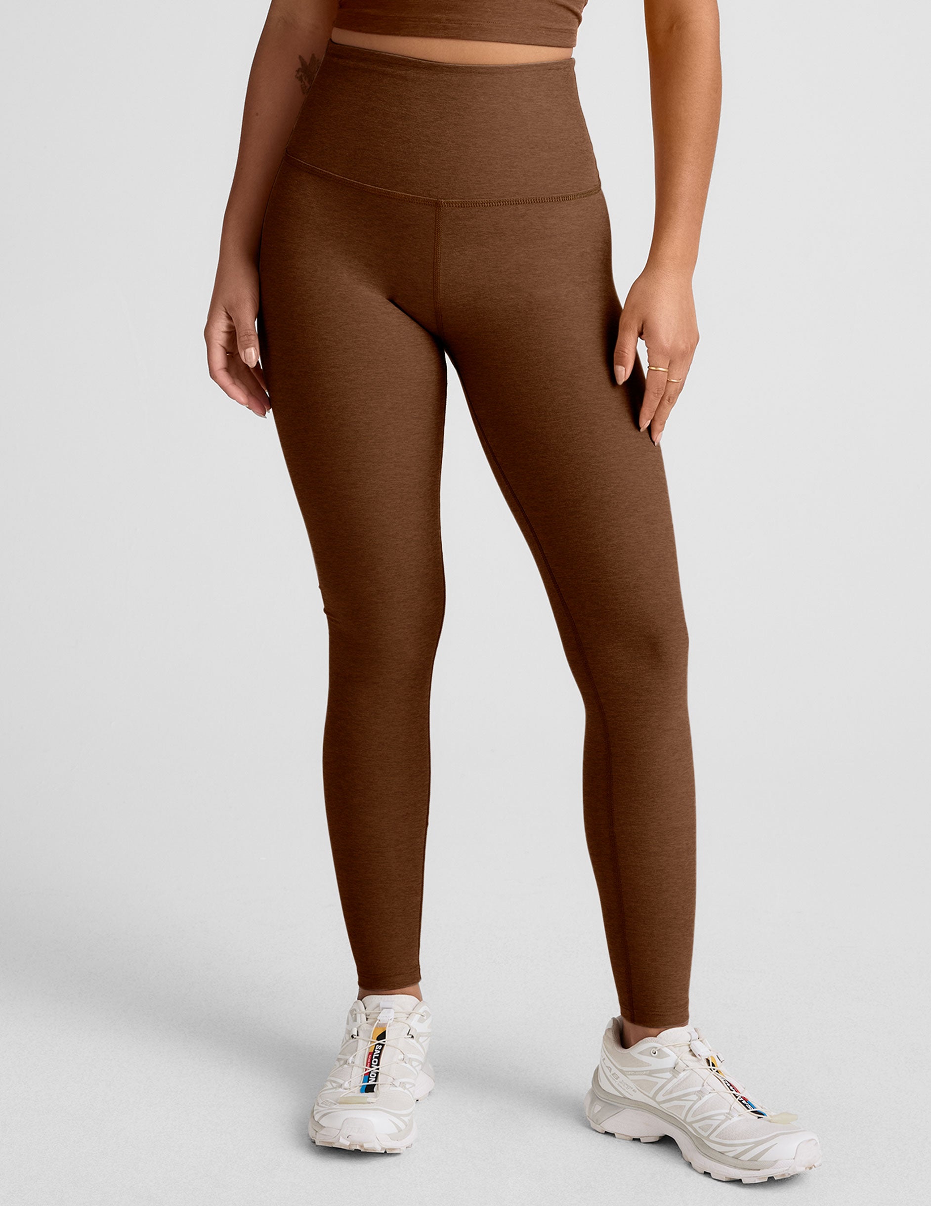 brown high-waisted long length leggings.