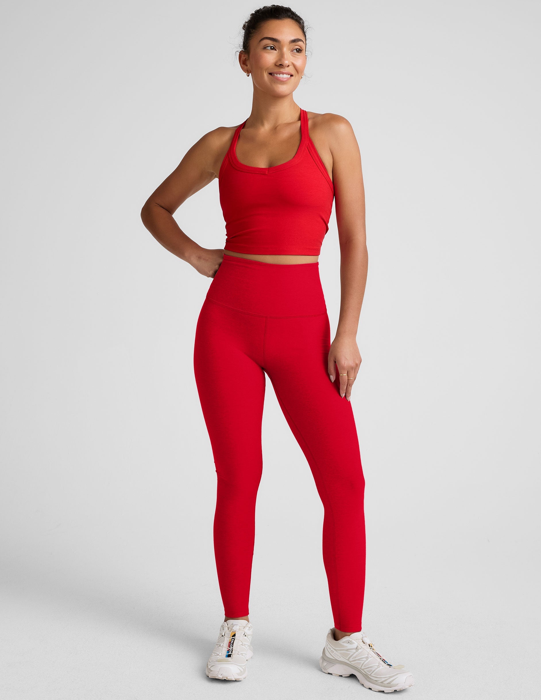 red high-waisted long length leggings.
