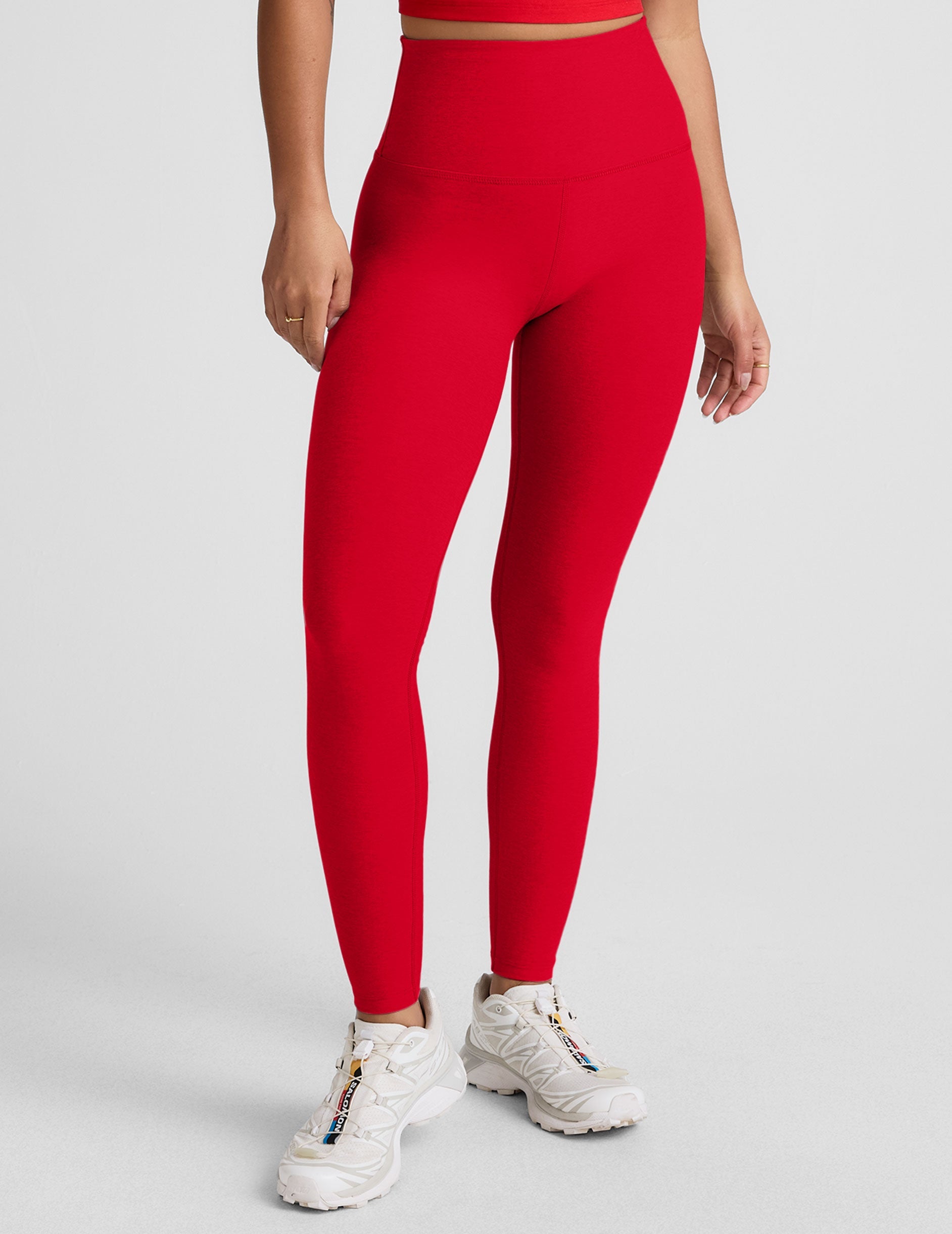 red high-waisted long length leggings.