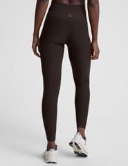 woman wearing a brown sports bra and long leggings set on a white background.